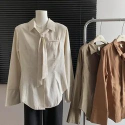 Women Beige Striped Shirts and Blouses Streetwear Vintage Harajuku Y2k Aesthetic 2000s Elegant Long Sleeve Shirt Fashion Clothes