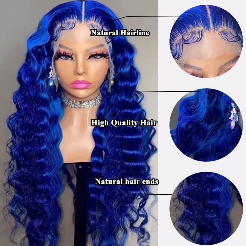 13x4 Navy Blue Body Wave Lace Frontal Wigs Brazilian Hair Wigs Blue Colored HD Transparent Lace Front Wigs For Women Pre Plucked