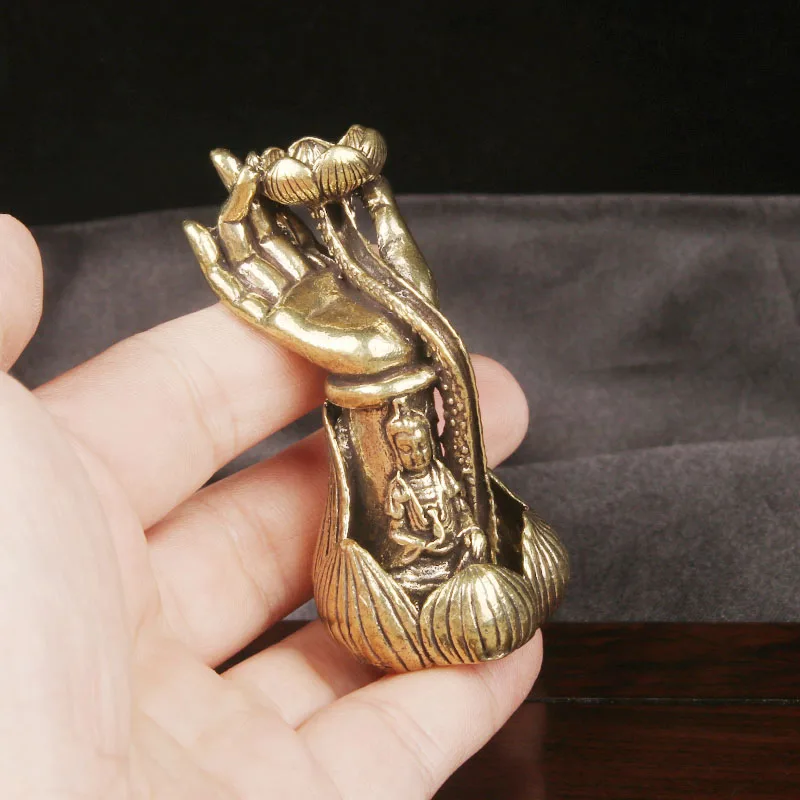 Vintage Brass Guanyin Lotus Buddha Hand Backflow Incense Burner Desktop Decor Zen Copper Craft Tea Pet Antique Collectible Ornam view 6