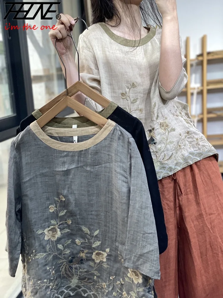 THHONE Summer Fashion Woman Tees 2025 Floral O-Neck T Shirt Tops Casual Vintage Patchwork Loose Embroidery Camisetas Top Mujer
