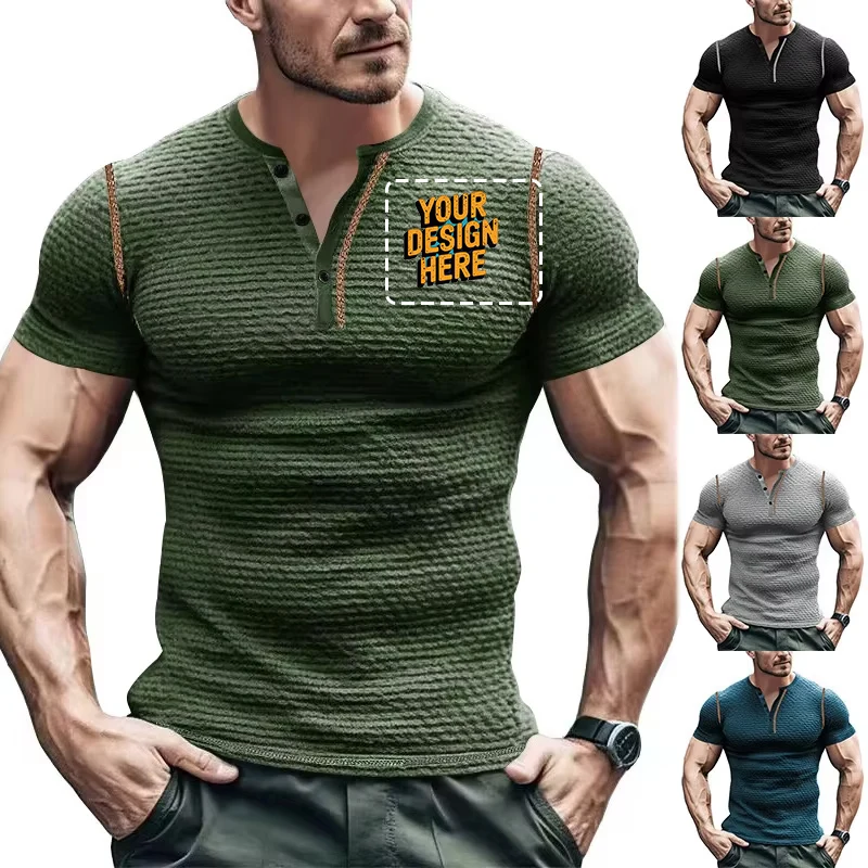 

Sports Fitness Slim-fit Breathable Men's Short-sleeved T-shirt European And American Men's Muscle Henry Shirts Free Custom Logo