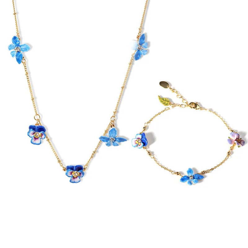 Fashion Gentle Style Blue Pansy Charms Handmade Enamel Bracelet, Necklace for Women, Nice Gift for Lady Accessories for Women