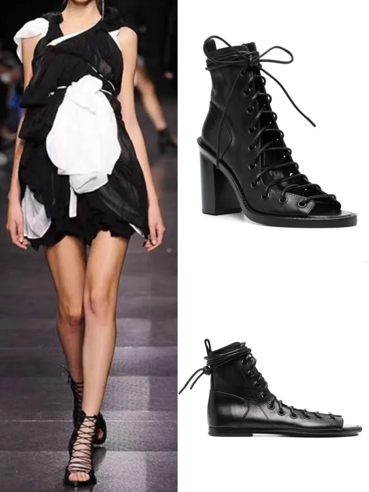 Spring/Summer New Coarse High Heel Cool Boots Cross Tie Hollow Out European and American Large Toothed Sandals
