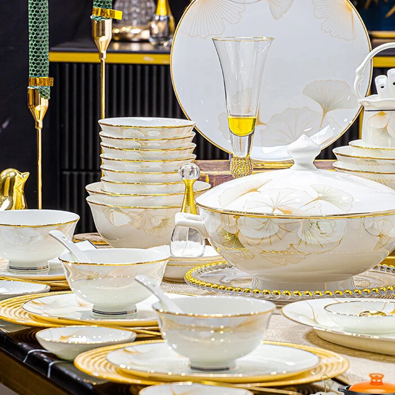 

60 Heads Jingdezhen Bone China Dishes Set Pot Dinner Tableware Rice Bowl Soup Bowl Salad Noodles Bowl Plate Dish Bowl Dinnerware