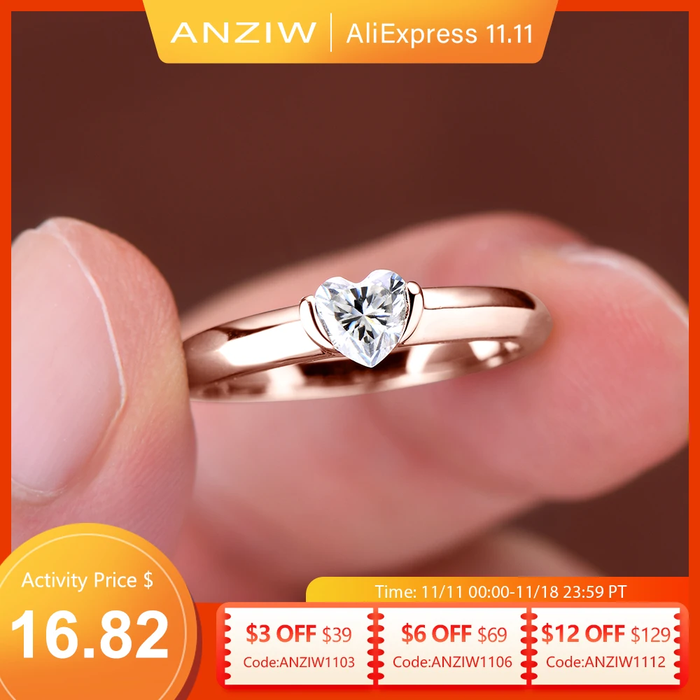 Anziw Rose Gold Color 0.5ct Heart Shaped Moissanite Solitaire Engagement Ring Silver 925 for Women Promise Wedding Bands Jewelry