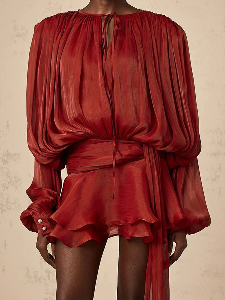 

Осенние новые комплекты из двух предметов с оборками для поездок на работу, женские элегантные однотонные классические костюмы, модные свободные яркие марлевые наряды на шнуровке с шортами