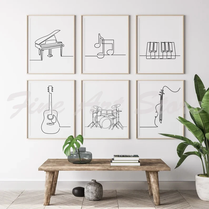 Nordic Black White Music Line Drawing Piano Key Guitar Drum Poster Canvas Painting Wall Art Pictures Home Nursery Decor