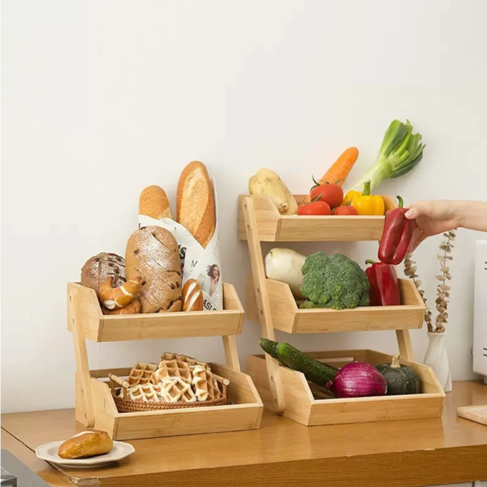 3 Tiers Plant Stand Bamboo Kitchen Tabletop Vegetable and Fruit Drain Storage Sasket Plant Flower Pot Holder Desktop Storage view 3