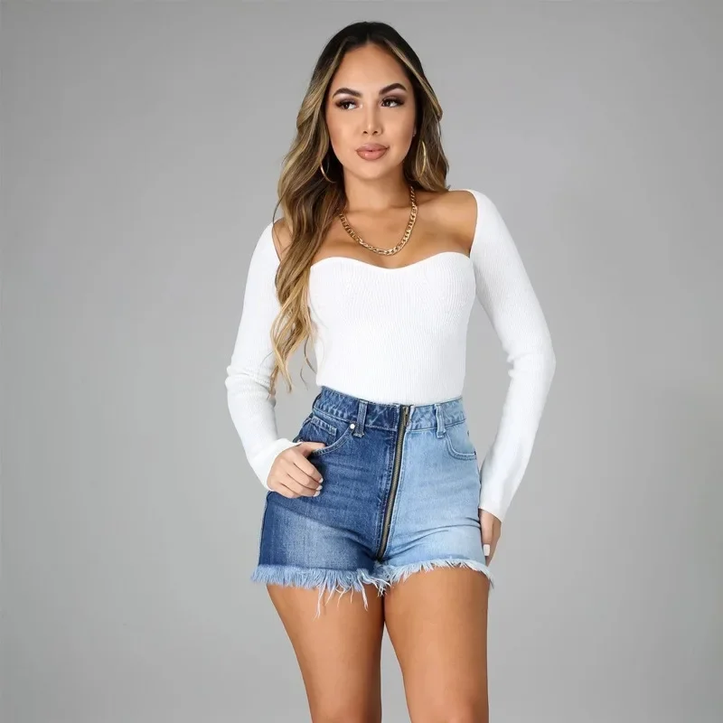 2025 New Spring and Summer Washed Yin-yang Color Casual Denim Shorts. Women's Fashionable Street Zipper High-waisted Short Jeans