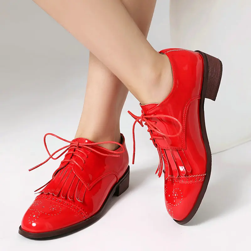 براءة اختراع بو الجلود الوردي الأخضر الأحمر الدانتيل متابعة عبر تعادل النساء مضخات مربع منخفضة الكعب النساء تصليحه أحذية أوكسفورد الأحذية مع شرابات #3