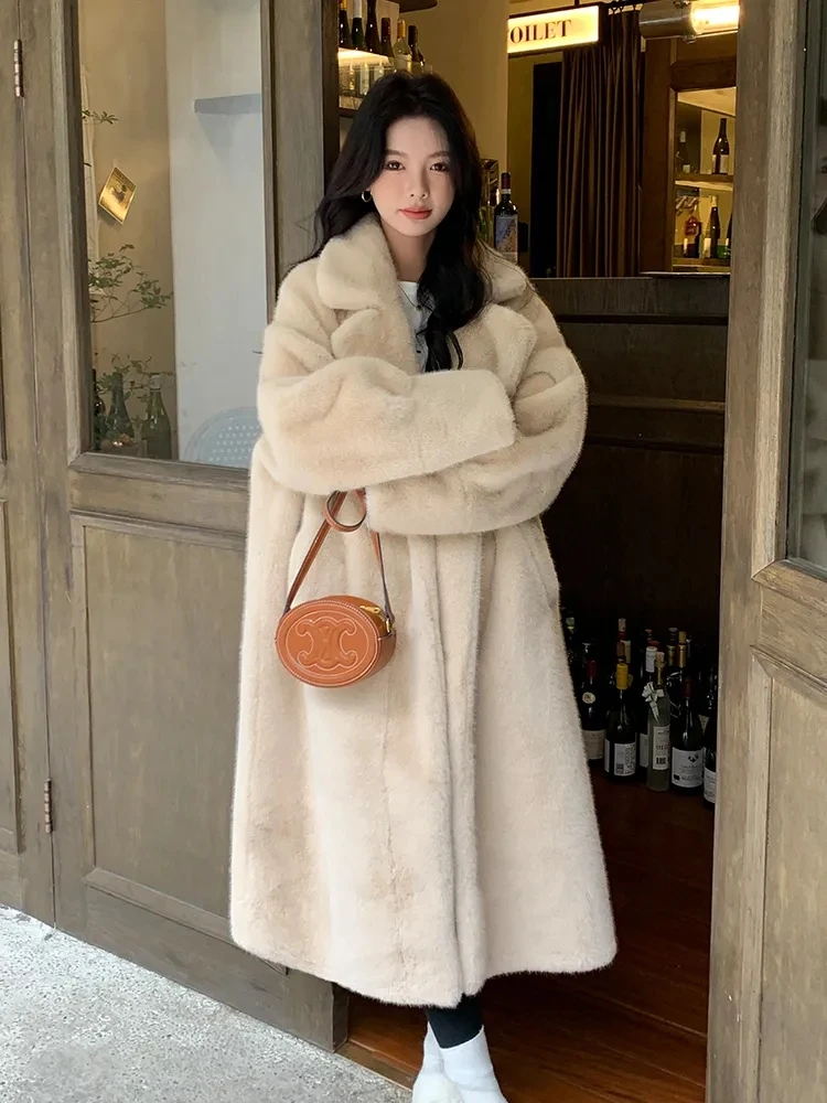 

Long Winter Coat Women Faux Mink Fur Turn Down Collar Fluffy Jackets Double Breasted Fashion Plush Coats Loose Warm Outerwears