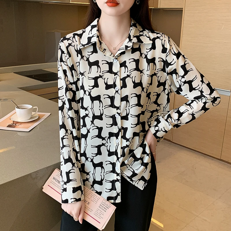 Women Spring Fashion Loose Cartoon Fashionable Turn-down Collar Long Sleeve Shirts Women Clothes Casual All-match Printing Tops