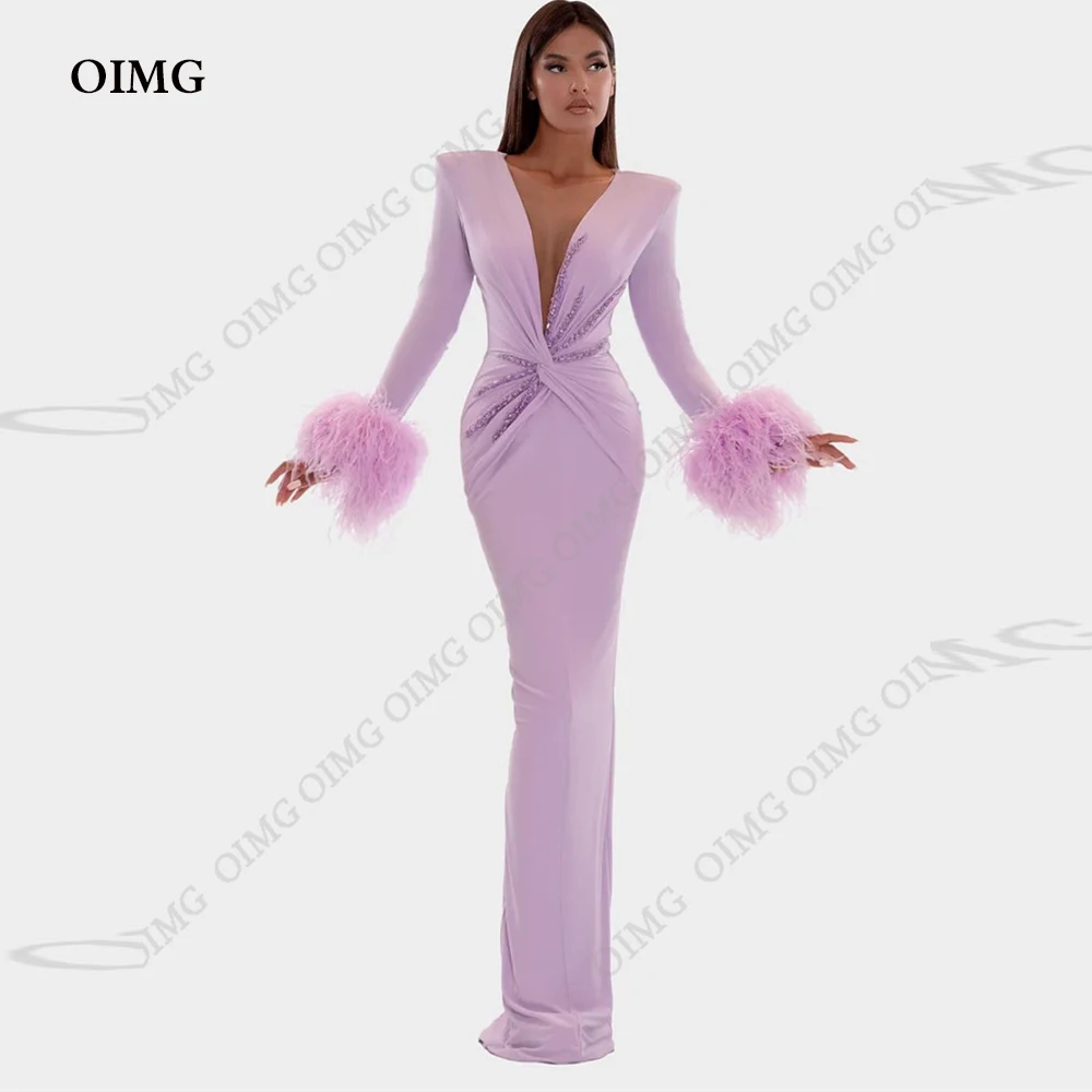 OIMG-vestidos de fiesta con lentejuelas brillantes de plumas de lavanda para mujer, Vestidos de Noche de manga larga con cuello en V profundo,