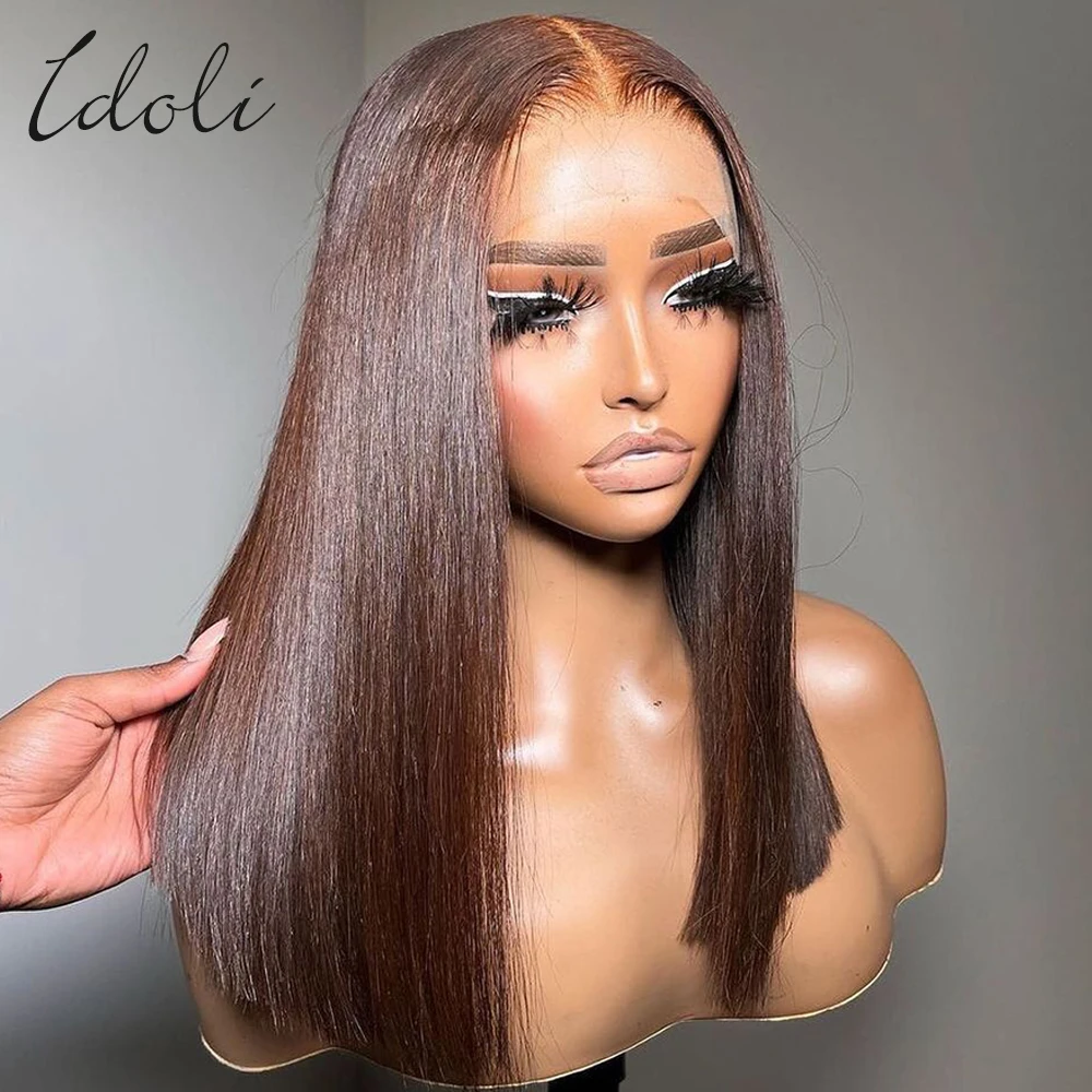 Idoli Brown Bob Lace Front Wig Human Hair Straight HD Transparent Blunt Cut Chocolate Brown Bob Wig Human Hair 13X4 Frontal Wigs