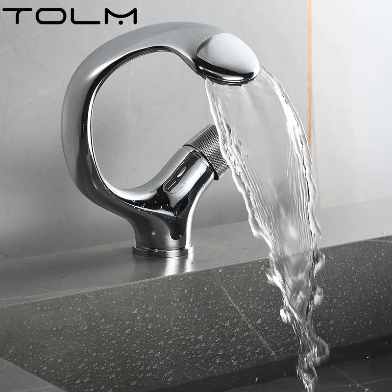 TOLM Creative Chrome Bathroom Basin Faucet Black Waterfall Vessel Sink Faucet Brass Vanity Sink Mixer Tap Hot Cold Basin Faucet
