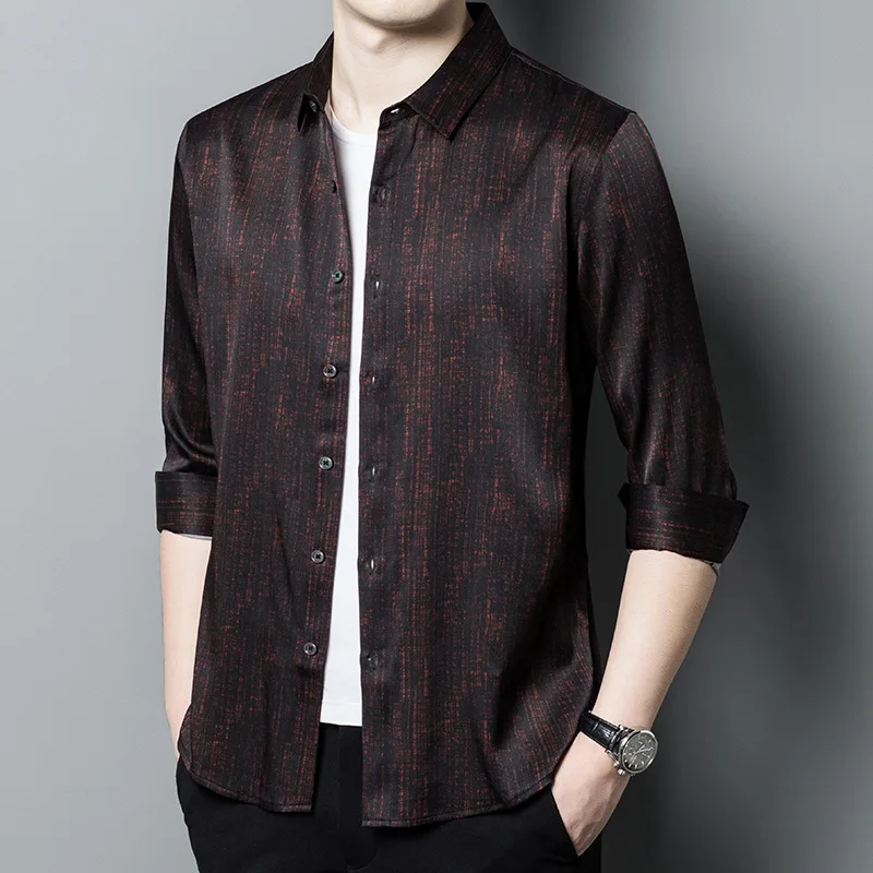 Silk Long-sleeved Shirt Men Spring Summer Dad Silk Satin Casual Men