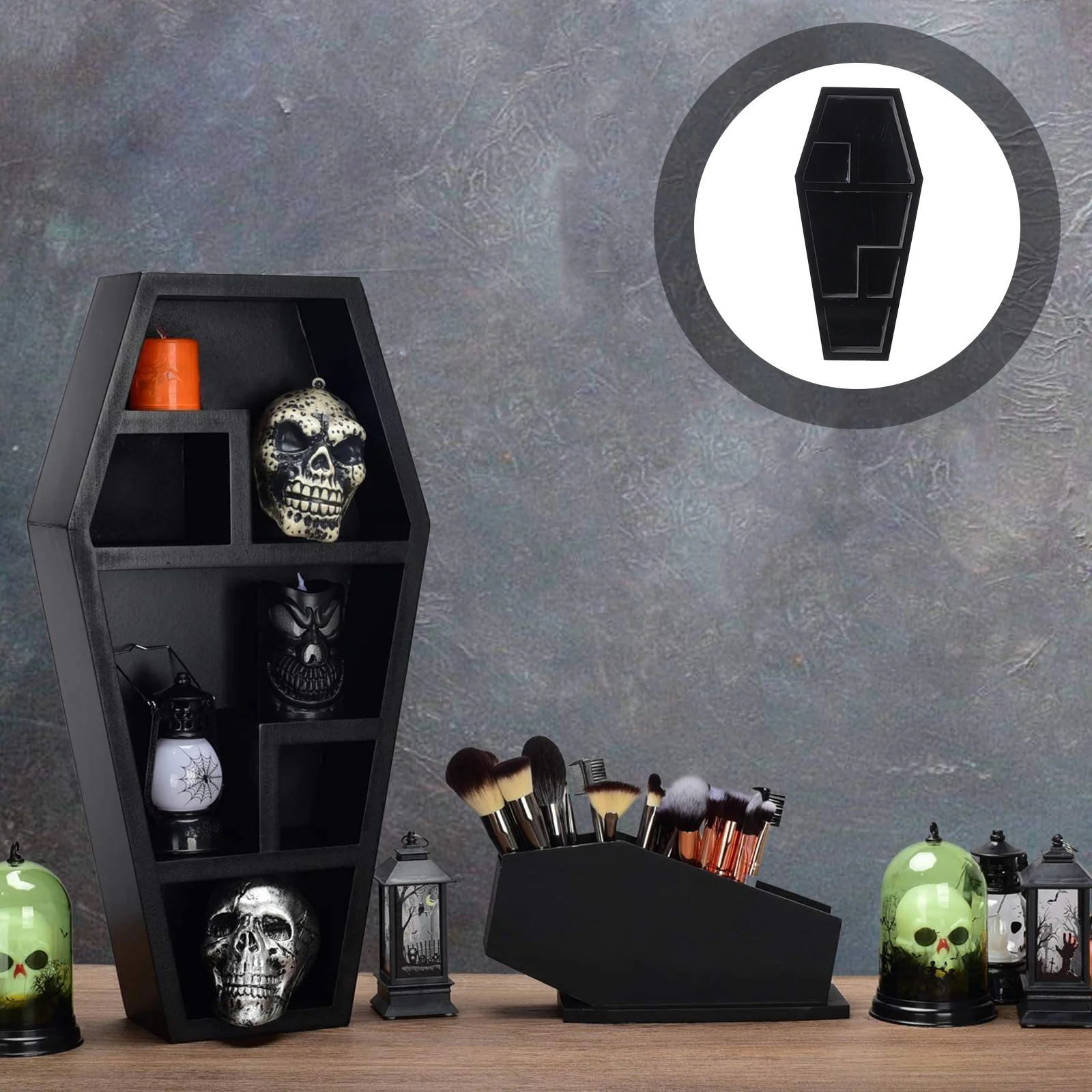 

Black Coffin Storage Rack Gothic Horror Organizer Desktop Wall Shelf Halloween Haunted House Decoration Coffin Storage Rack