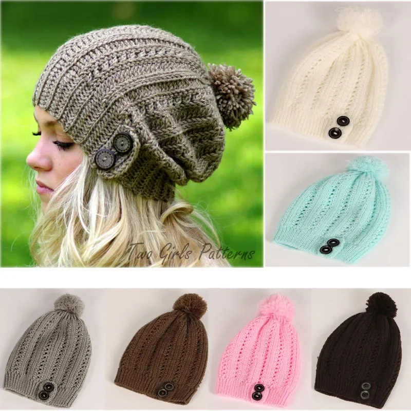 2023 Beanie Hat Women Crochet Knit Cap Ball Winter Skullies Beanies Warm Ball Caps Female Knitted Stylish Button Hats for Ladies