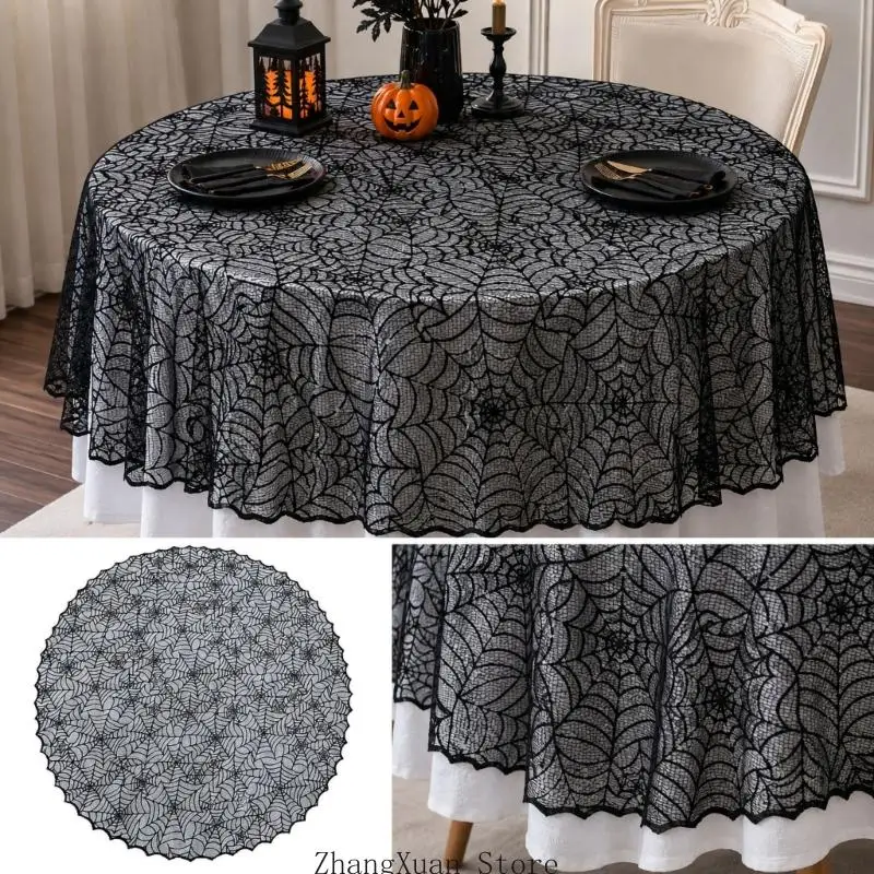 Halloween-Party-Tischdecke aus schwarzer Spitze mit Spinnennetz-Optik für runde Tische, 3 x – Detail 8