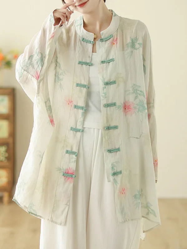 

Retro Floral Print Long Sve Casual Open Cardigan Button up High Collar Loose Fit Commute Sle Women's plus Size Jaet