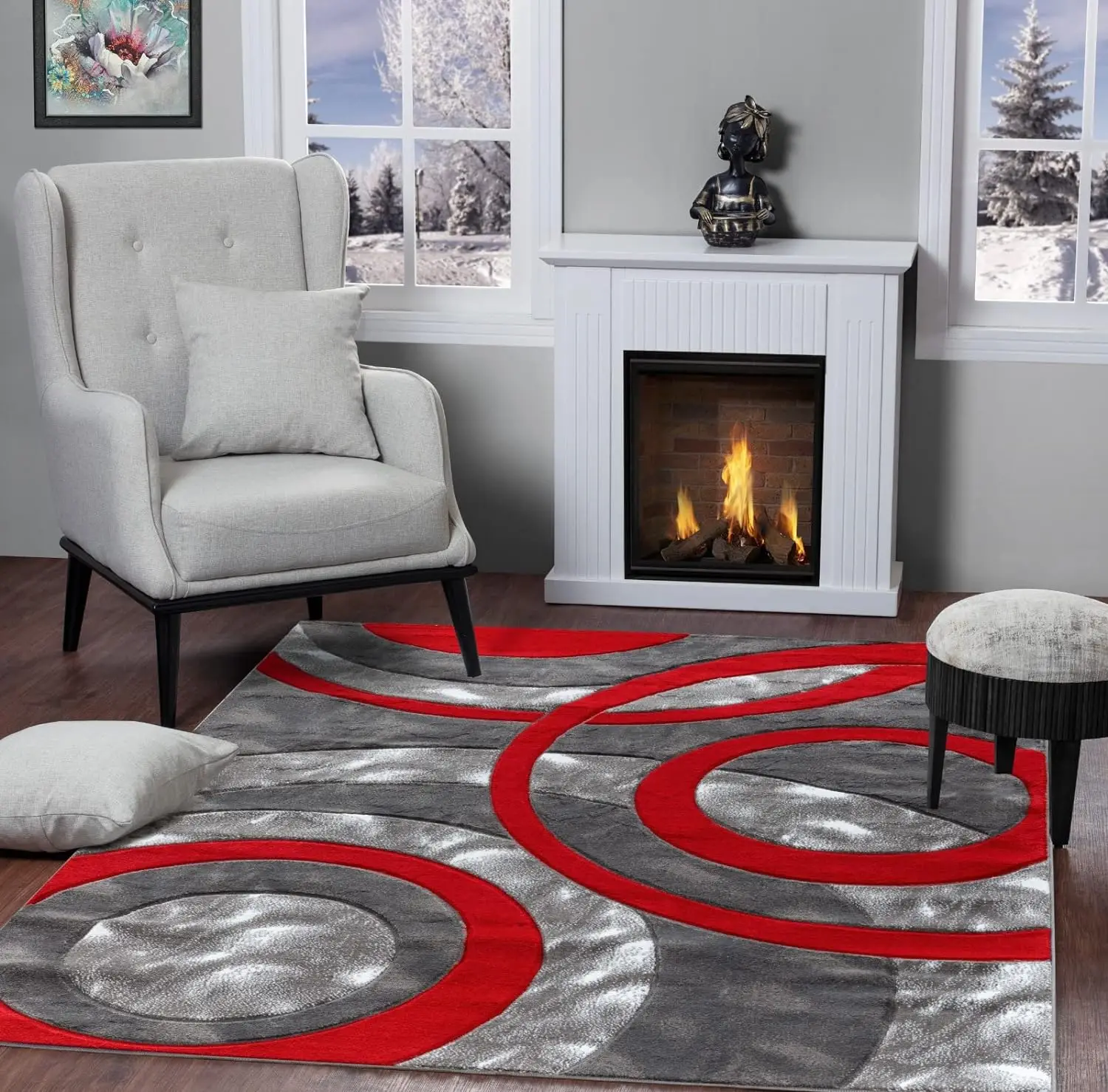 8x10 Light red Circles Geometry Soft Hand Carved Contemporary Floor Carpet Fluffy Texture for Indoor Living Dining Room