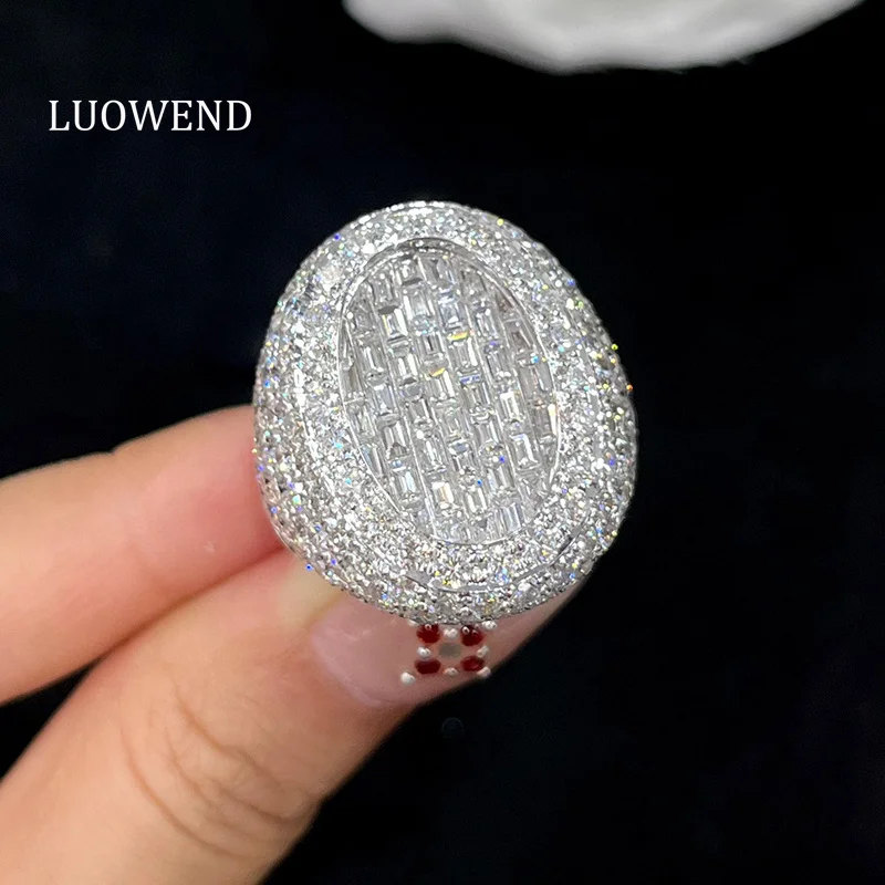 LUOWEND 18K White Gold Rings Fashion Shiny Design Luxury Style Real Natural Diamond Engagement Ring for Women High Party Jewelry