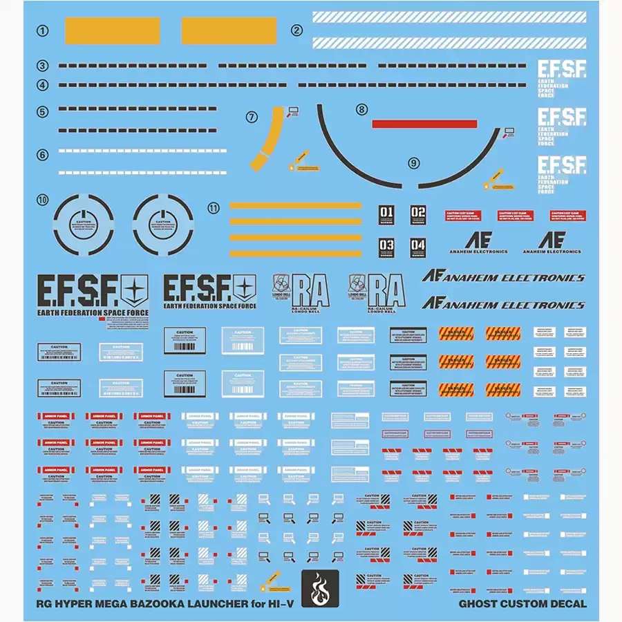 Ghost Custom Water Decals for RG 1/144 Hi-V Hyper Mega Bazooka Launcher, HD Fluorescent Stickers Model Building Hobby DIY