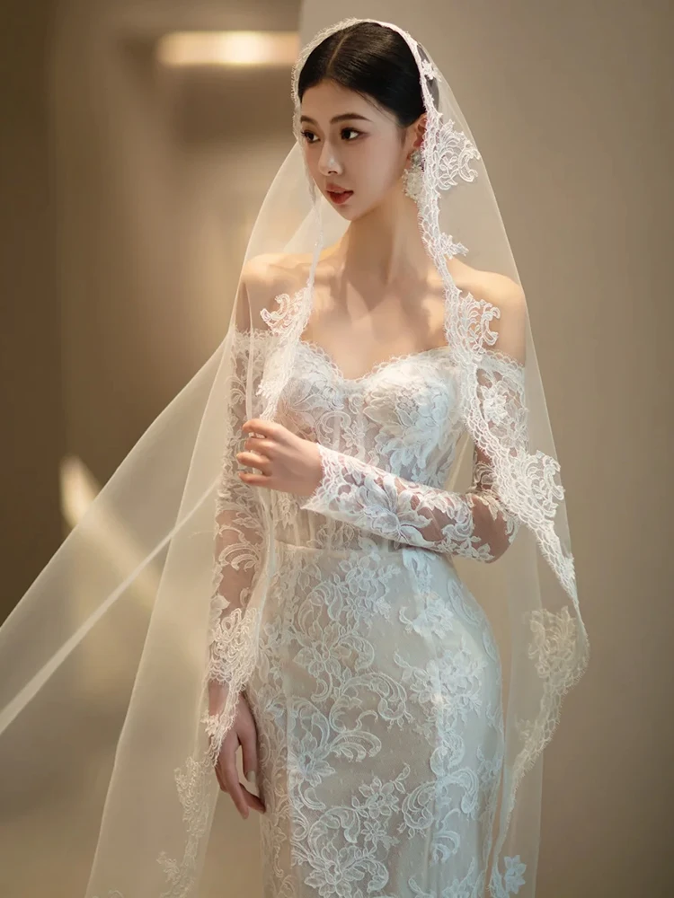 Graceful Long-sleeve Sweetheart Tulle Mermaid Bridal Gowns Elegant Off The Shoulder Wedding Dress With A Small Train