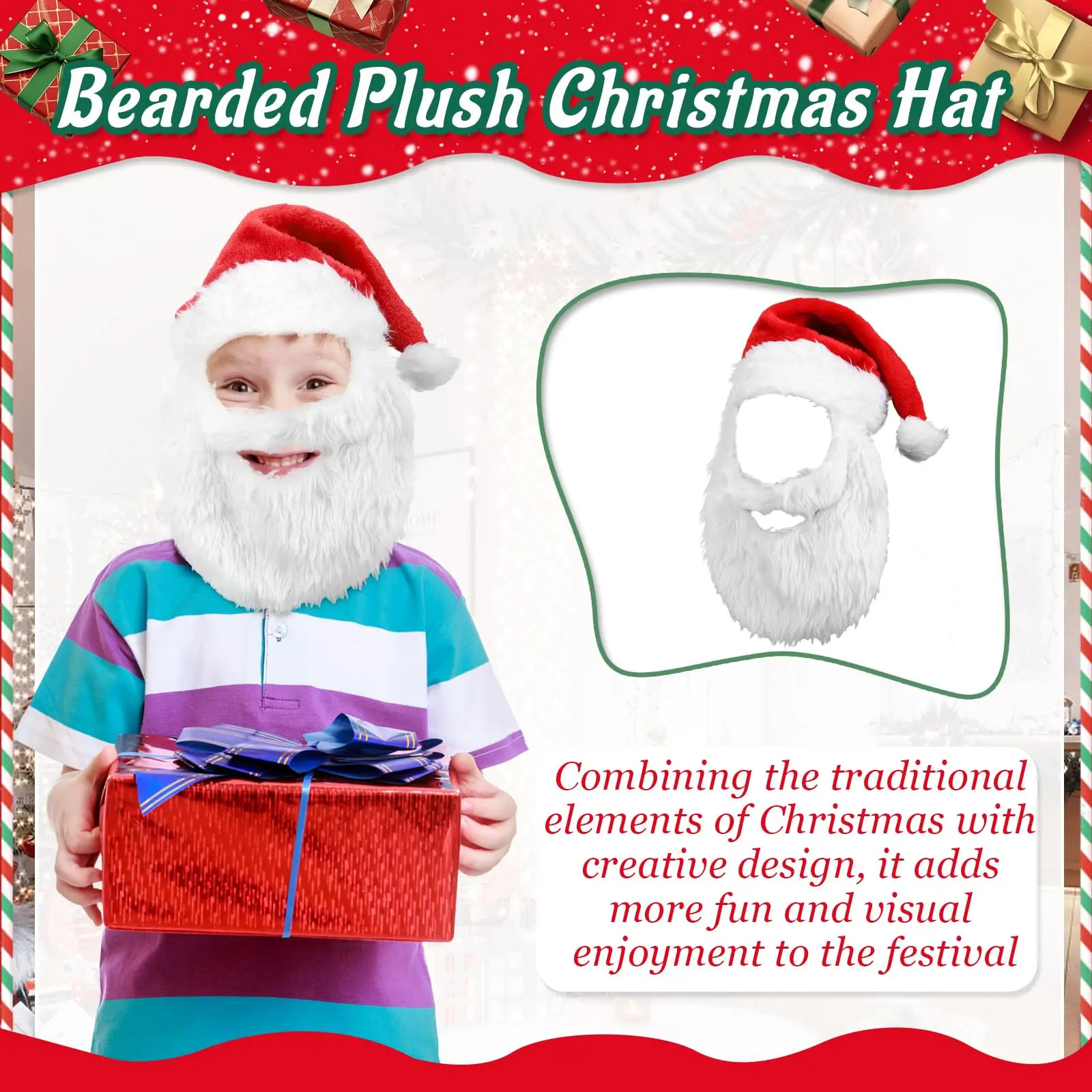 ชุดหมวกและเคราซานต้าสำหรับผู้ใหญ่ หมวกซานตาคลอสพร้อมเครา ชุดแต่งกายสำหรับงานปาร์ตี้คริสต์มาส คอสเพลย์ อุปกรณ์เสริมสำหรับผู้ใหญ่