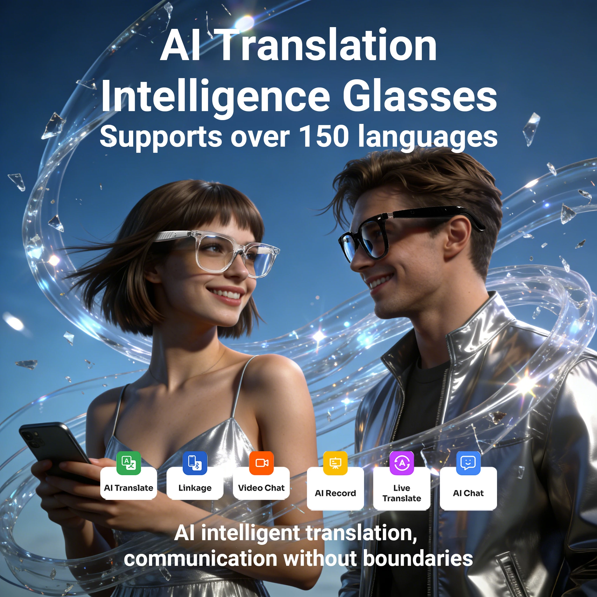New Smart Translation Glasses, Multi-Functional Wireless Bluetooth Headset, Stylish and Versatile for Calls