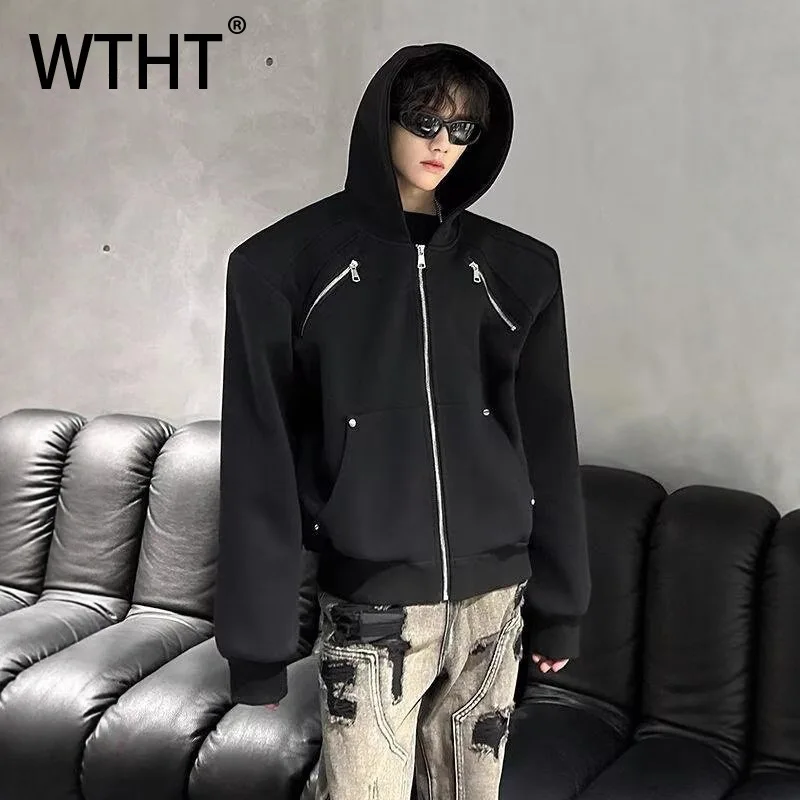 

WTHT Vintage Men's Pleated Spliced Zipper High Street Coats Fashion Solid Color Hooded Loose Jackets Male 2025 Autumn 2A1778