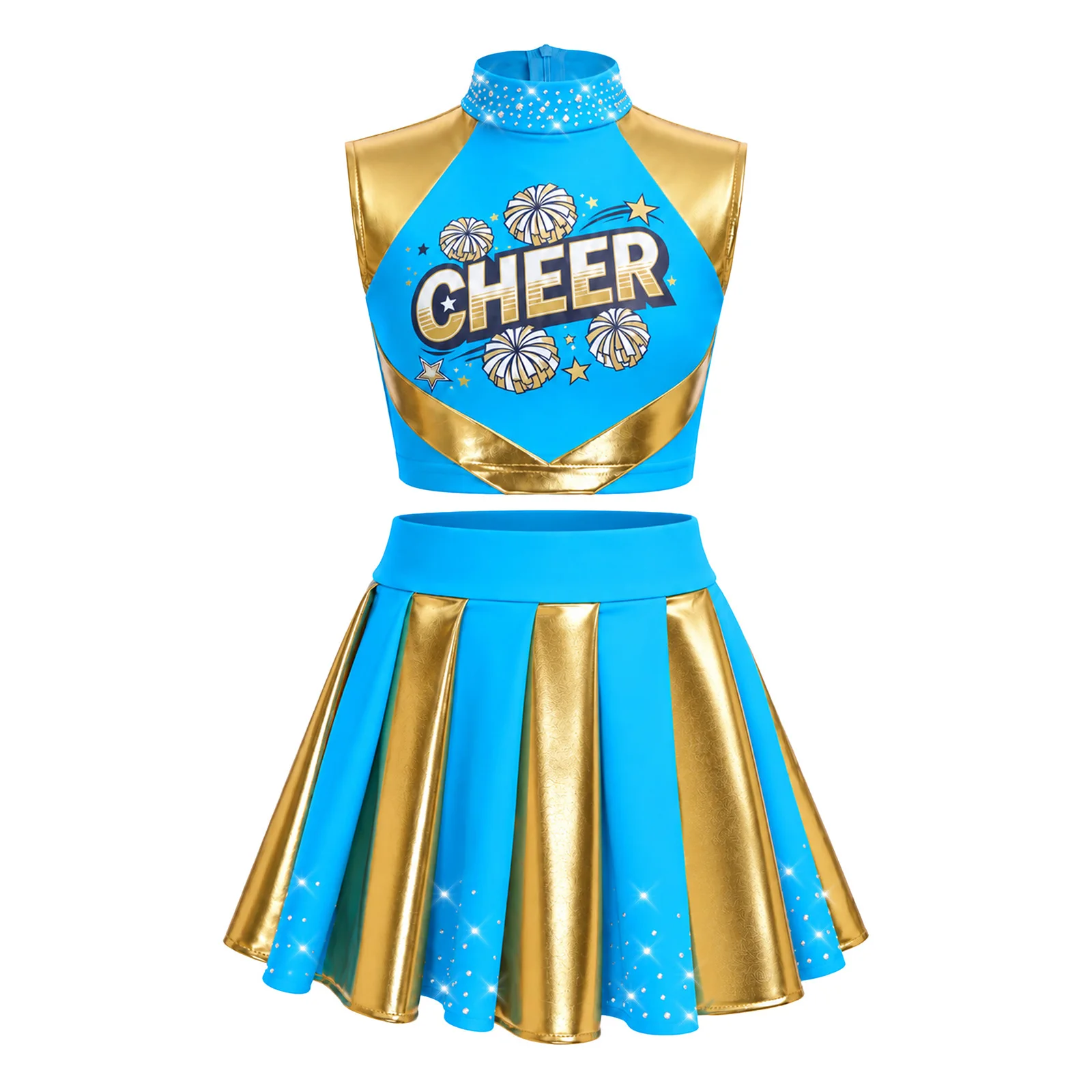 Cheerleader-Kostüm für Mädchen, Cheerleading-Uniform, 2-teiliges Set, ärmelloses Top mit Strasssteinen und „CHEER“-Aufdruck, kurzes Oberteil, plissierter Rock, Tanzoutfit. – Detail 16