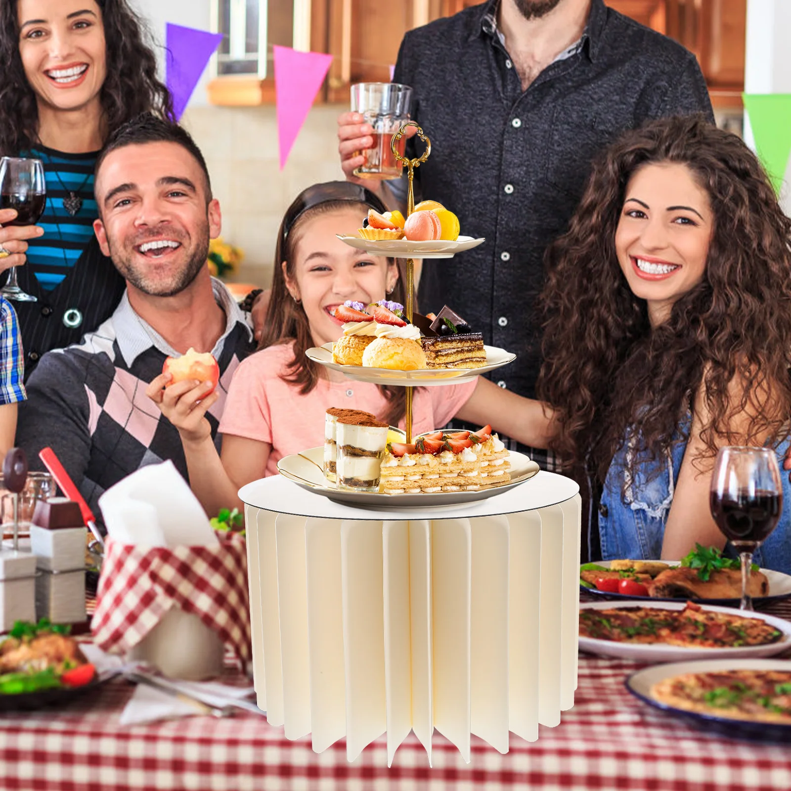 

Foldable Round Cylinder Pedestal Stand White Paper Dessert Table Stand for Wedding Party Reception Centerpiece