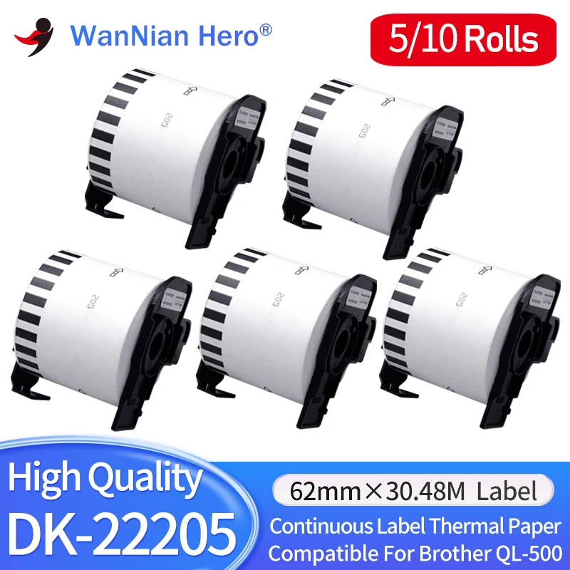 

5/10 Roll DK-2205 22205 Label Thermal Paper 62mm x 30.48m Continuous Length for Brother QL-500/500A/550/560/700/570VM/800N/600TD