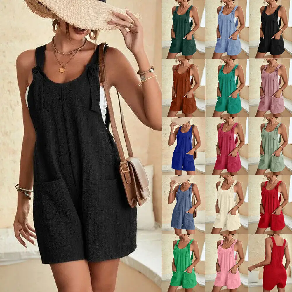 European and American Summer and Autumn Pure Color Casual Commuting Camisole Short Jumpsuit Overalls for Women