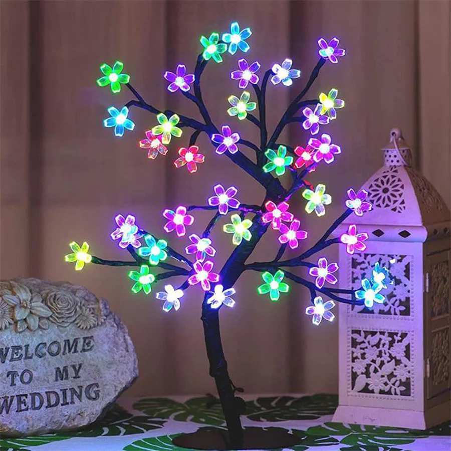 48 LED RGB Cherry Blossom Tree Light with Remote 16 Color LED Artificial Flower Bonsai Tree Table Lamp For Valentine\'s day Decor