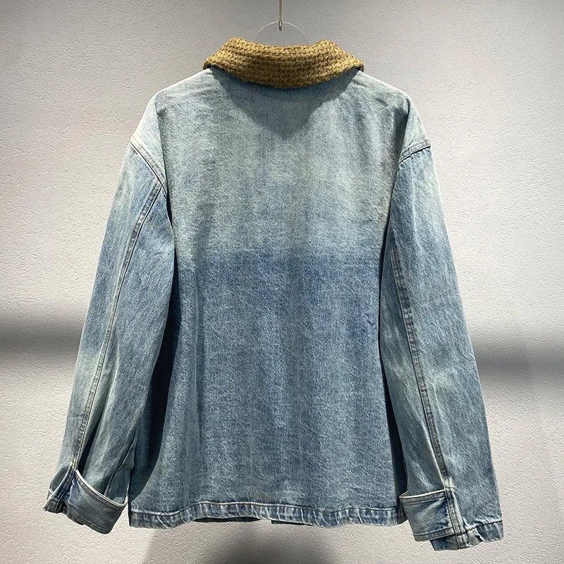 [ZOCI] Niche 2024 Autumn Winter New Item Contrasting Collar Patchwork Denim Jacket, Simple Versatile Top Women