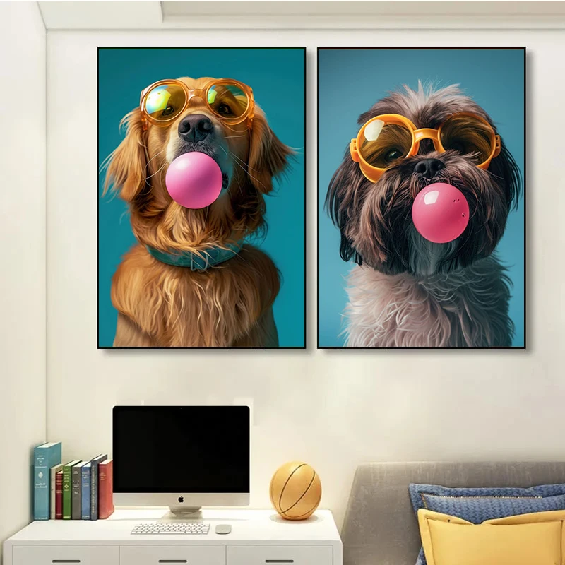 Dog Bubblegum Sunglasses Posters and Prints Samoyed French Bulldog Pomeranian Canvas Painting Wall Art Picture Room Home Decor