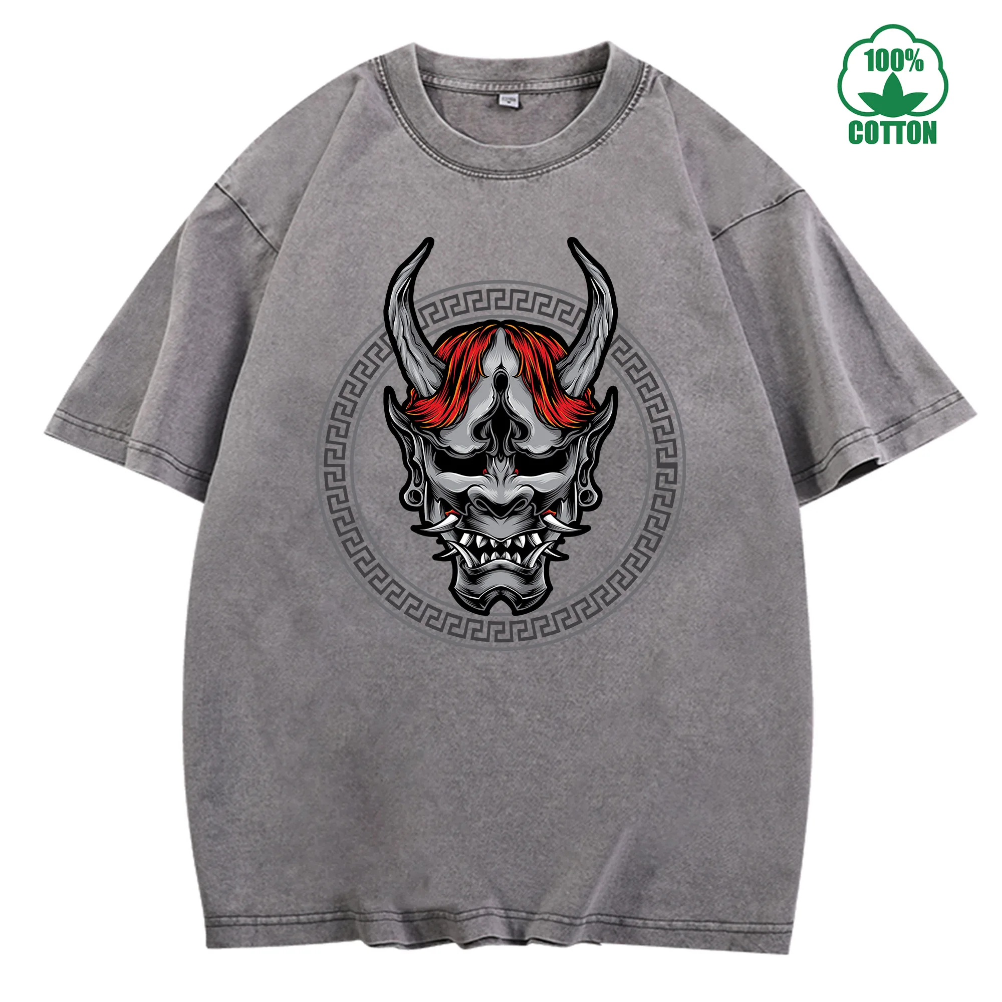 تي شيرت Death God Mask Vintage Washed 230 جرام 100% قطن مريح كبير الحجم ملابس الشارع للجنسين