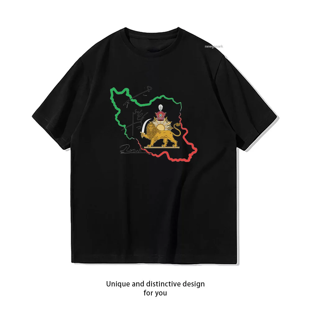 Iran Map Lion and sun Flag Classic T-Shirt Woman Man Casual Cotton Printed T Shirts Adult Streetwear Woman Clothing