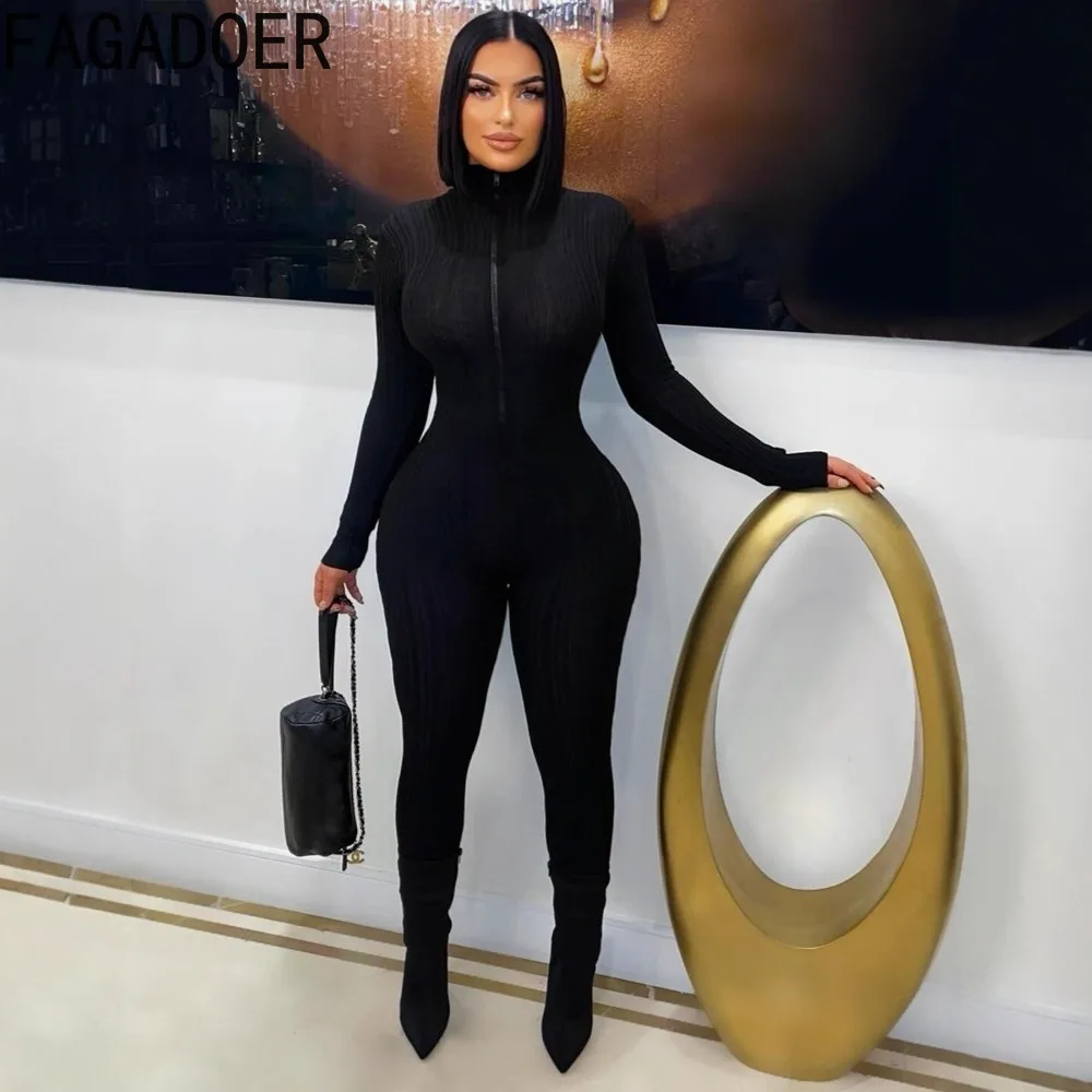 FAGADOER Autumn New Sexy Bodycon Jumpsuits Women Solid Color Long Sleeve Zipper Skinny Rompers Female Streetwear Overalls 2025