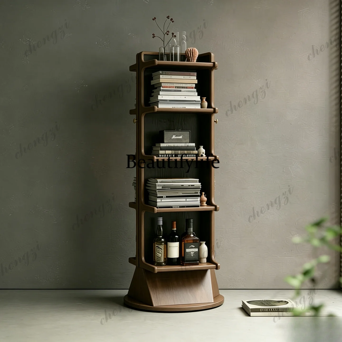 Solid wood 360-degree rotating bookshelf floor storage living room, storage storage, reading rack