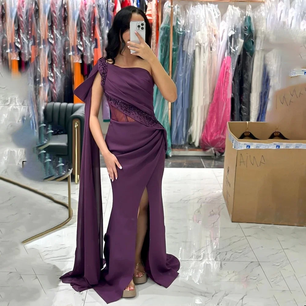 Muloong One-shoulder Sweep Train Women Elegant And Pretty Luxury Prom Dress