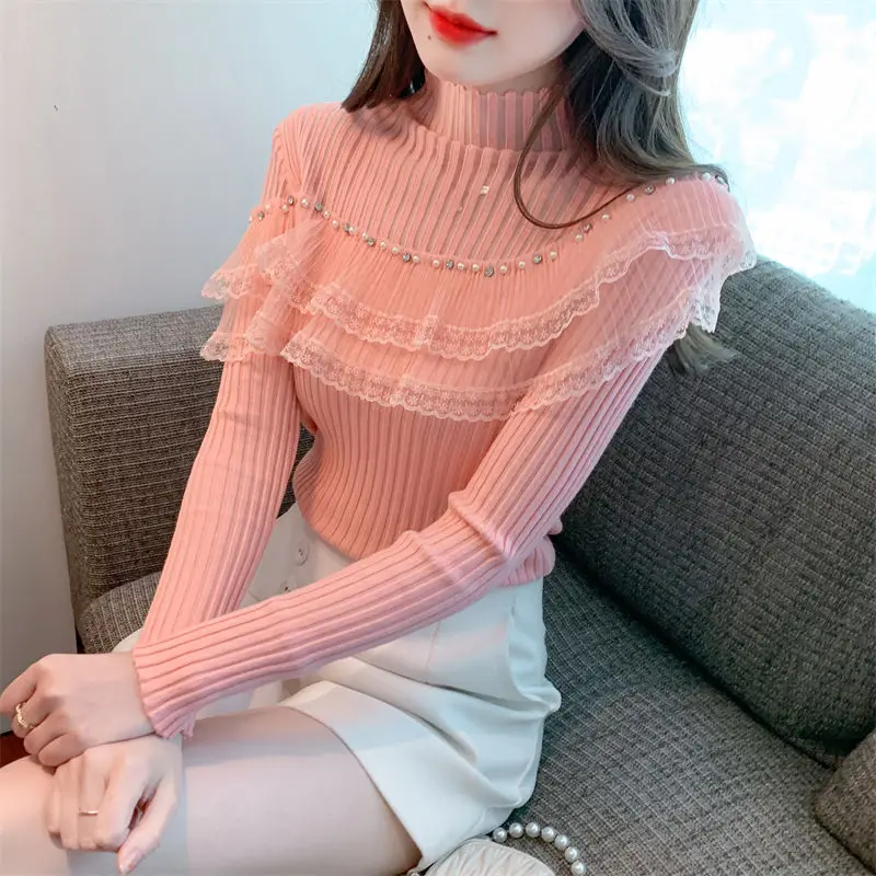 2023 Autumn Winter Ruffles Edge Solid Color Turtleneck Women Clothes Fit Leisure Elegant Beaded Long Sleeved Knitting Shirts