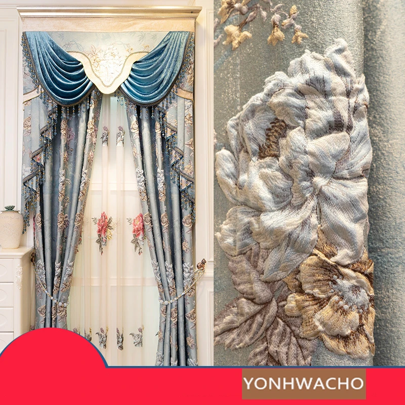 

Custom luxury European bedroom thick 4D large relief high-grade blue cloth blackout curtain tulle valance drape C1601