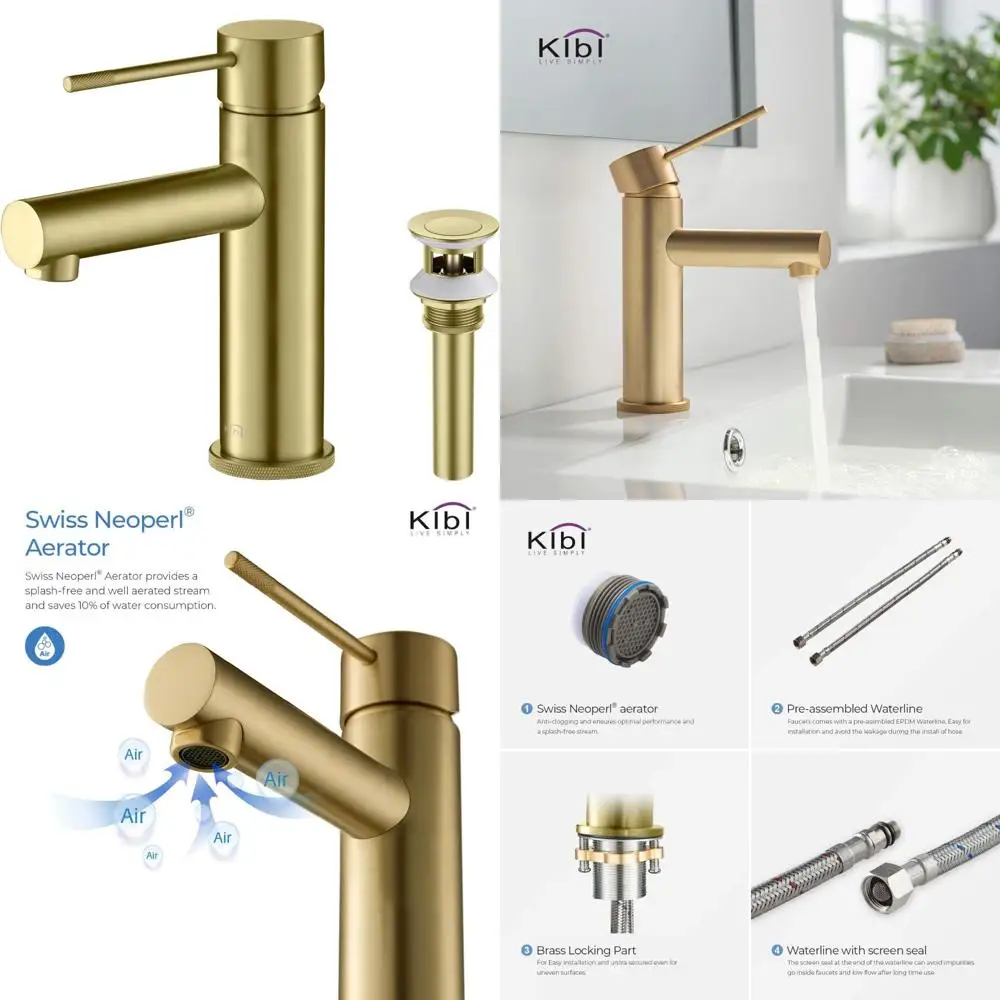 Keran Wastafel Kamar Mandi Kuningan dengan Tuas Tunggal, Pipa Keluar Tinggi, dan Pembuangan Pop-Up, Desain Melingkar untuk Wastafel Modern