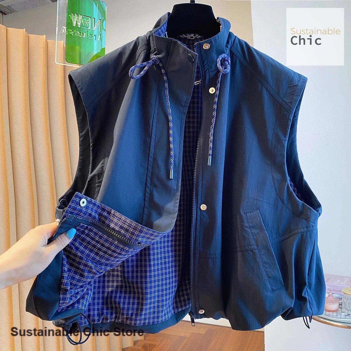 American tooling hooded solid color vest women's spring and autumn new plus size stand collar wearing loose sleeveless vest.