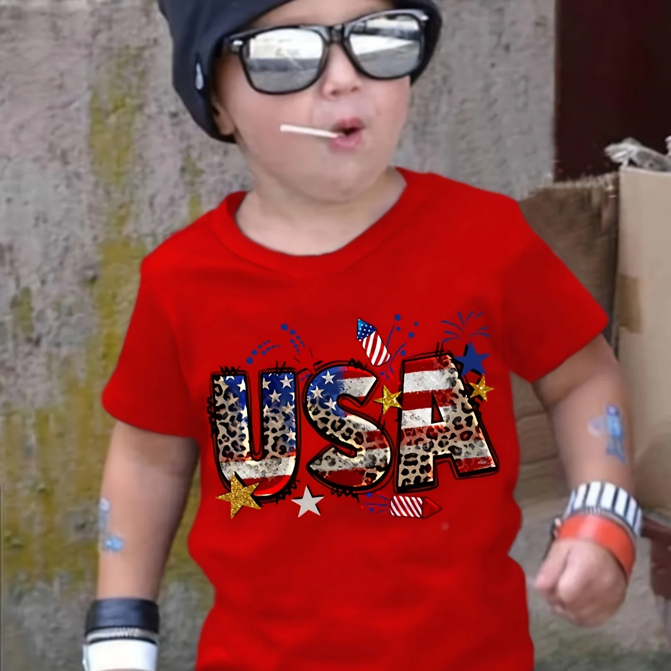 Independency Day Elements USA Print Boy's Creative T-shirt, Vibrant Comfortable Crew Neck Top, Kids Summer Clothing