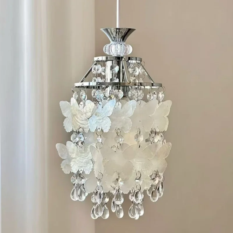 

French Retro Romantic Butterfly Shell Crystal Restaurant Bedside Wind Chime Simple Luxury Balcony Corridor Pendant Light
