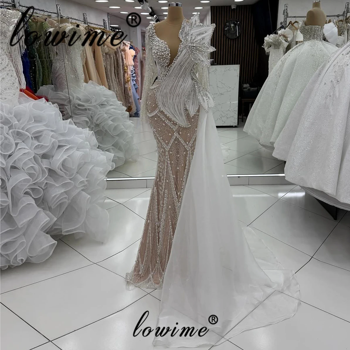 

Элегантное вечернее платье цвета слоновой кости из Дубая с боковым шлейфом, длинными рукавами, для выпускного вечера, с кристаллами и жемчугом, для свадебной вечеринки, на заказ, 2027